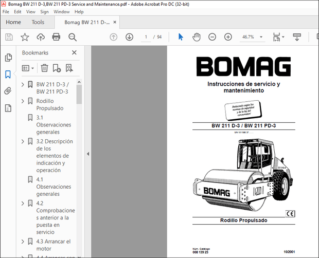 Bomag Rodillo Propulsado BW 211 D-3 BW 211 PD-3 Instrucciones de servicio Manual 10158037 – PDF 