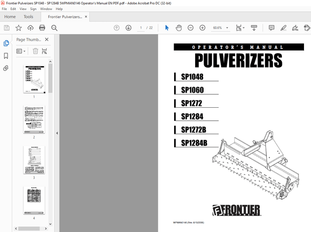 Frontier Pulverizers SP1048 SP1060 SP1272 SP1284 SP1212B SP1284B Operator’s Manual(WPMAN0146) – PDF 