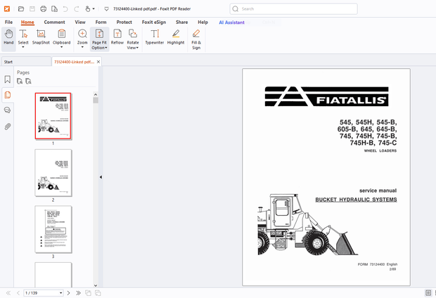 Fiatallis 545 545H 545-B 605-B 645 745 745H 745-B 745H-B 745-C Wheel Loader Service  Manual PDF
