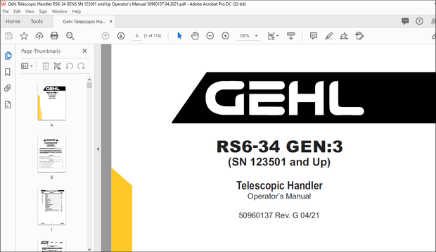 GEHL RS6-34 GEN3 Telescopic Handler Operator’s Manual(50960137) – PDF DOWNLOAD
