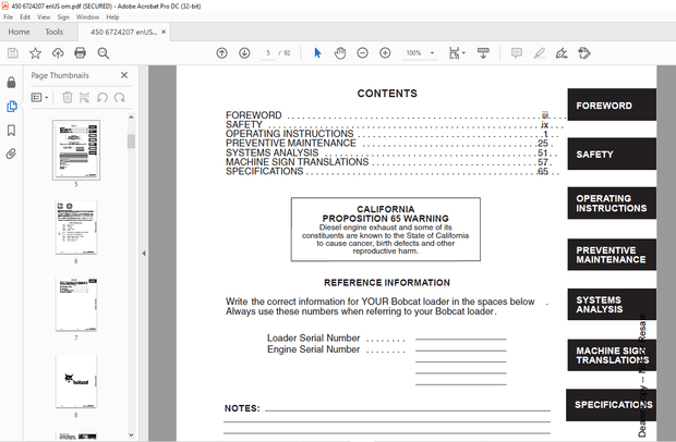 Bobcat 450 Loader Operation &amp; Maintenance Manual 6724207 – PDF DOWNLOAD