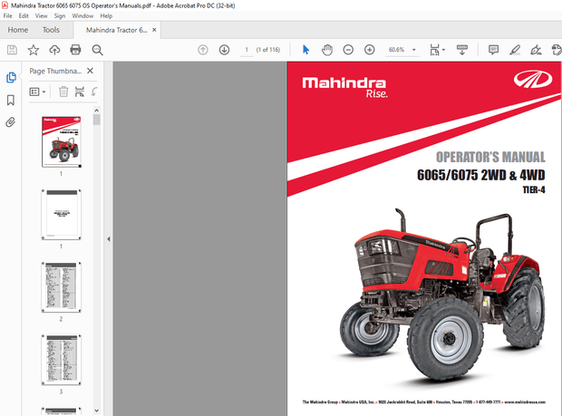 Mahindra Tractor 6065 6075 2WD &amp; 4WD TIER-4 Operator’s Manual – PDF DOWNLOAD