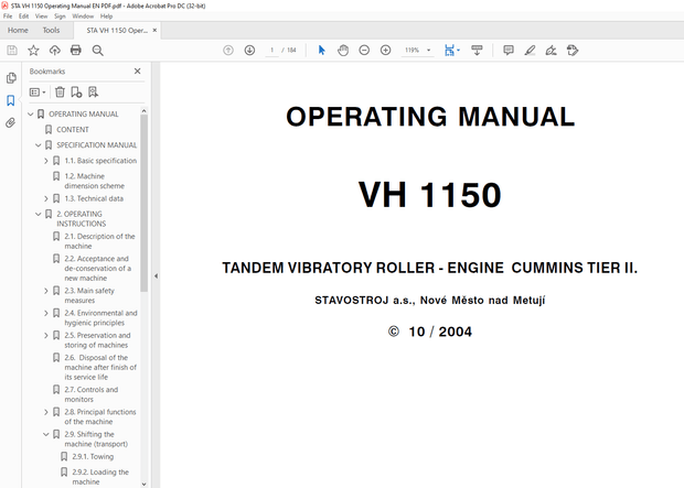 STA VH 1150 TANDEM VIBRATORY ROLLER ENGINE CUMMINS TIER II OPERATING MANUAL – PDF DOWNLOAD
