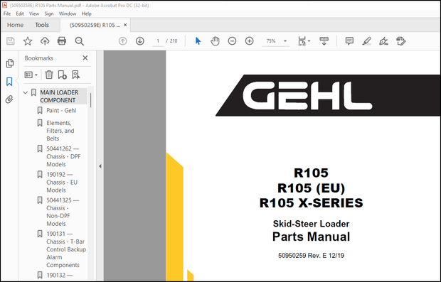 GEHL R105 R105 (EU) R105 X-SERIES Skid-Steer Loader Parts Manual(50950259) – PDF DOWNLOAD