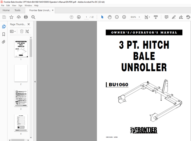 Frontier Bale Unroller 3 PT Hitch BU1060 Owner’s Operator’s Manual(5WS105005) – PDF DOWNLOAD
