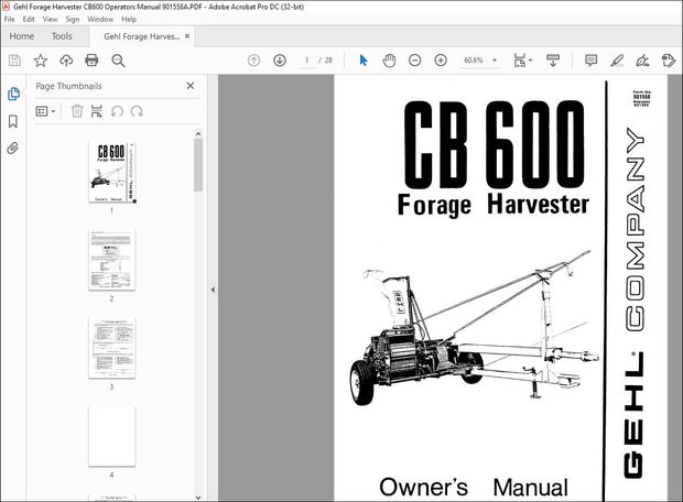 Gehl Forage Harvester CB600 Owners Manual 901558A – PDF DOWNLOAD