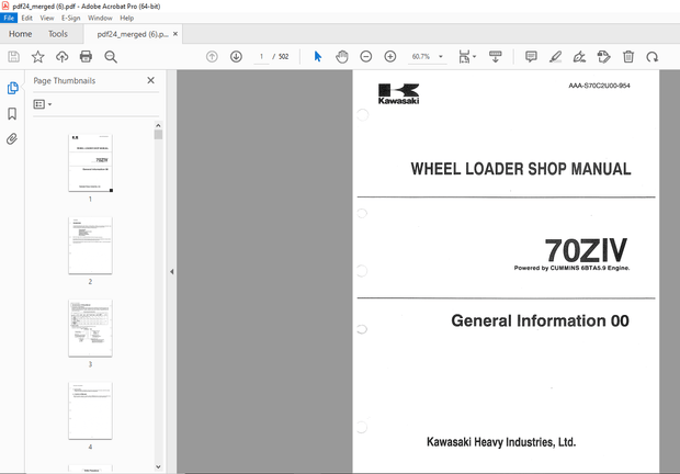 Kawasaki 70ZIV Wheel Loader Cummins 6BTA5.9 Engine Shop Manual - PDF DOWNLOAD