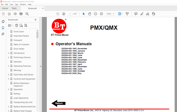BT Prime-Mover Forklift PMX Electric Pallet Truck Operator’s Manual – PDF DOWNLOAD