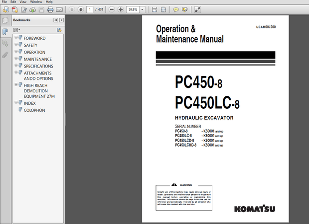 Komatsu PC450-8, PC450LC-8 Hydraulic Excavator Operation &amp; Maintenance Manual (K50001 and up)  PDF