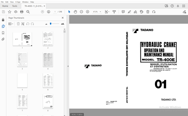 Tadano TR-400E Hydraulic Crane Operation &amp; Maintenance Manual 540019 – PDF DOWNLOAD