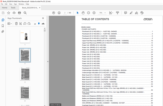 Crown Forklift RR/RD 5200S Parts Manual – PDF DOWNLOAD