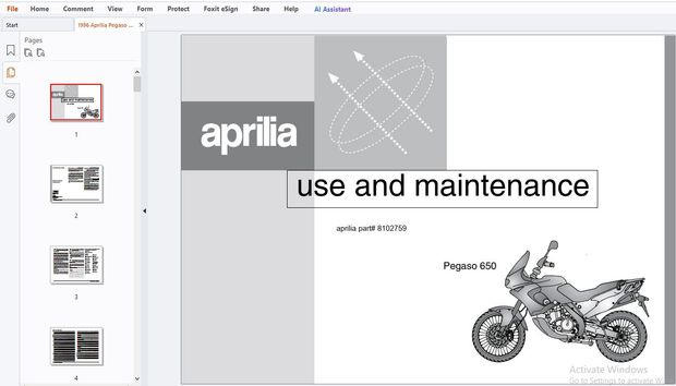  1996 Aprilia Pegaso 650 Use &amp; Maintenance Manual PDF DOWNLOAD