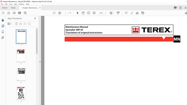 Terex Spreader SRP 45 Maintenance Manual – PDF DOWNLOAD