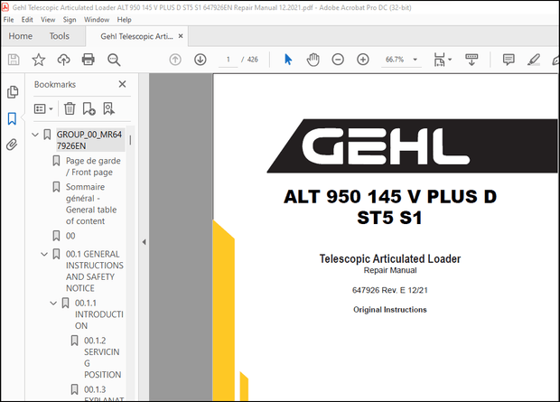 Gehl Telescopic Articulated Loader ALT 950 145 V PLUS D ST5 S1 Repair Manual(647926) – PDF DOWNLOAD