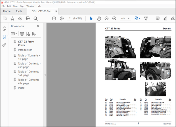 GEHL CT7-23 Turbo Telescopic Handler Parts Manual(913221) – PDF DOWNLOAD