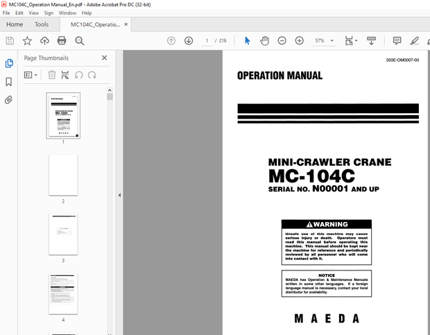 Maeda MINI-CRAWLER CRANE MC-104C OPERATION MANUAL SN00001 – PDF DOWNLOAD