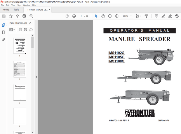 Frontier Manure Spreader MS1102G MS1105G MS1108G Operator’s Manual(5HPOMSP1) – PDF DOWNLOAD