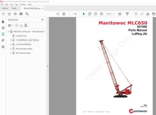 Manitowoc Crane MLC650 Luffing Jib Parts Manual 607496 – PDF DOWNLOAD