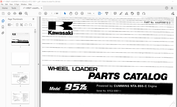 Kawasaki 95ZIV Wheel Loader Parts Manual AAAP09815-0 – PDF DOWNLOAD