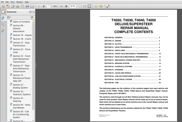 New Holland T4020 T4030 T4040 T4050 Deluxe Supersteer Tractor Repair Manual 84158071 – PDF DOWNLOAD