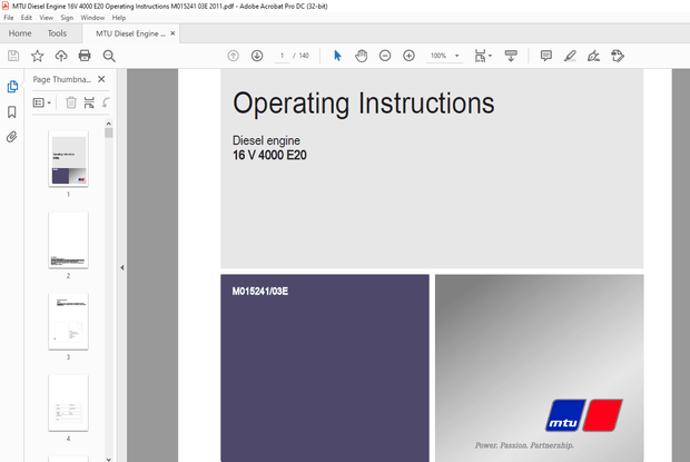 MTU Diesel Engine 16 V 4000 E20 Operating Instructions Manual M015241-03E PDF DOWNLOAD