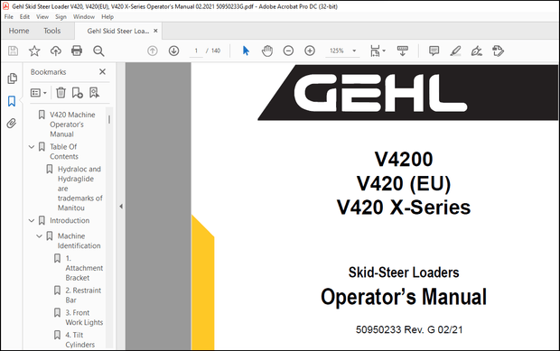 Gehl V4200 V420 (EU) V420 X-Series Skid-Steer Loaders Operator’s Manual 50950233 – PDF DOWNLOAD