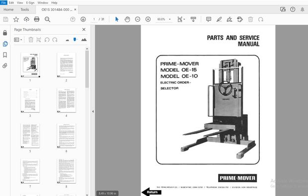 BT PRIME MOVER OE-15 OE-10 ELECTRIC ORDER PARTS &amp; SERVICE MANUAL - PDF DOWNLOAD