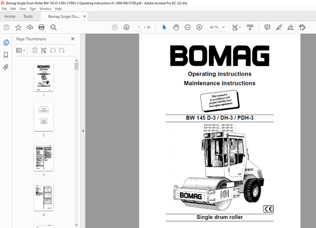 Bomag BW 145 D-3 DH-3 PDH-3 Single drum roller Operating instructions Manual 00815708 – PDF DOWNLOAD