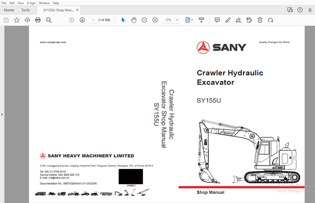 Sany SY155U Crawler Hydraulic Excavator Service Manual – PDF DOWNLOAD