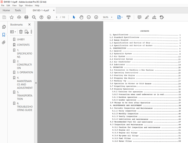 Hitachi Hydraulic Excavator UH801 Operation Manual(EM180-1-4) – PDF DOWNLOAD