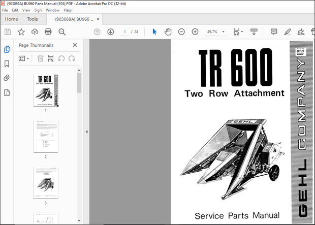 Gehl TR 600 Two Row Attachment Service Parts Manual(901576) – PDF DOWNLOAD