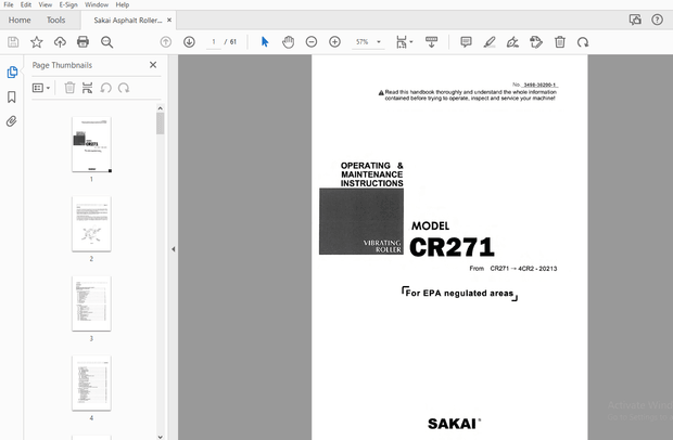Sakai Asphalt Roller CR271 Operation &amp; Maintenance Manual PDF