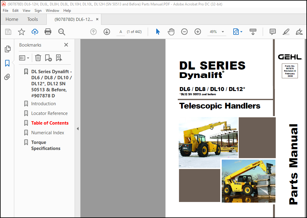 Dl12 Form.pdf GEHL DL SERIES DL6 DL8 DL10 DL12 Telescopic Handlers Parts Manual ...