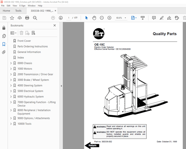 BT Prime Mover OE-15C Electric Order Selector Parts Manual - PDF DOWNLOAD