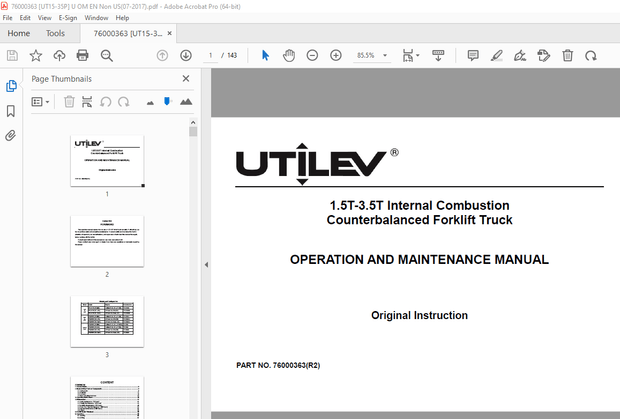 UTILEV 1.5T-3.5T Internal Combustion Counterbalanced Forklift Truck Operation Manual PDF