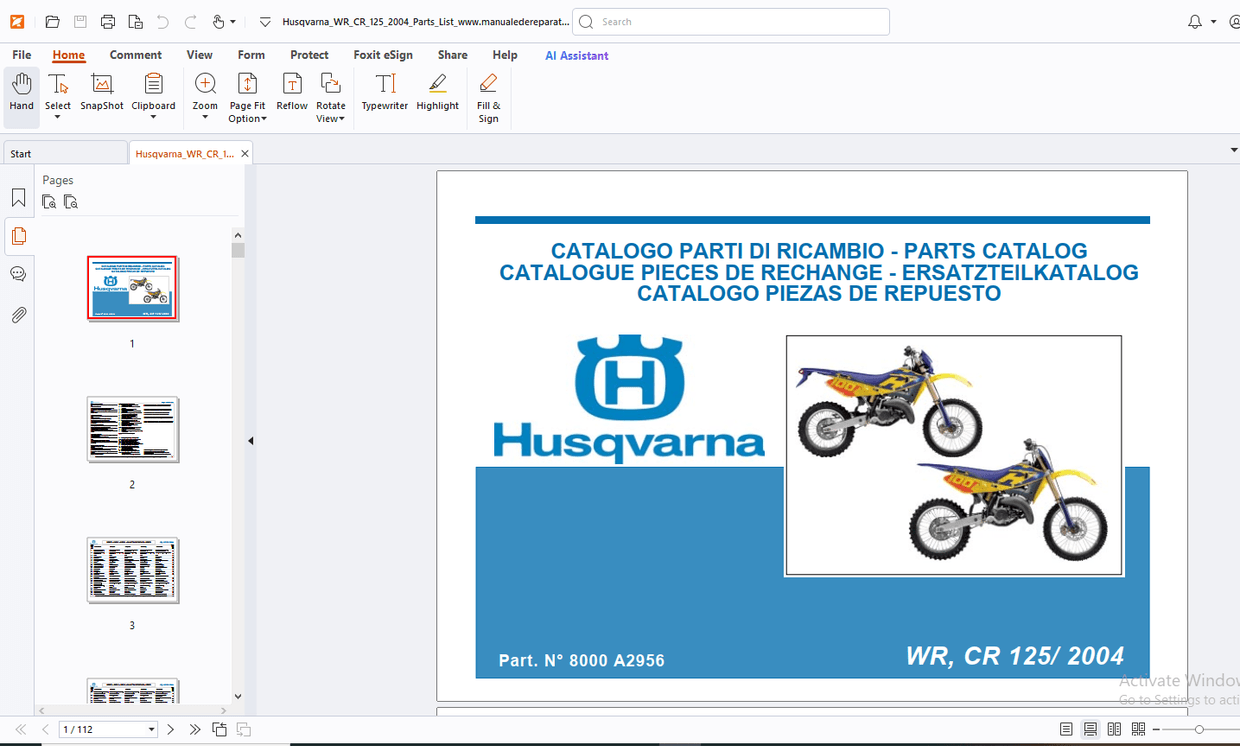 Husqvarna WR125 CR 125 2004 Parts Manual PDF DOWNLOAD
