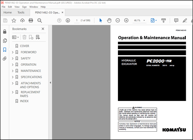 Komatsu PC2000-11R Hydraulic Excavator Operation &amp; Maintenance Manual PEN01462-03 – PDF DOWNLOAD