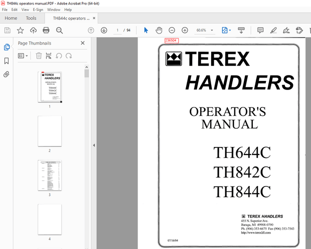 Terex Handlers TH644C TH842C TH844C Operator&#x27;s Manual - PDF DOWNLOAD 