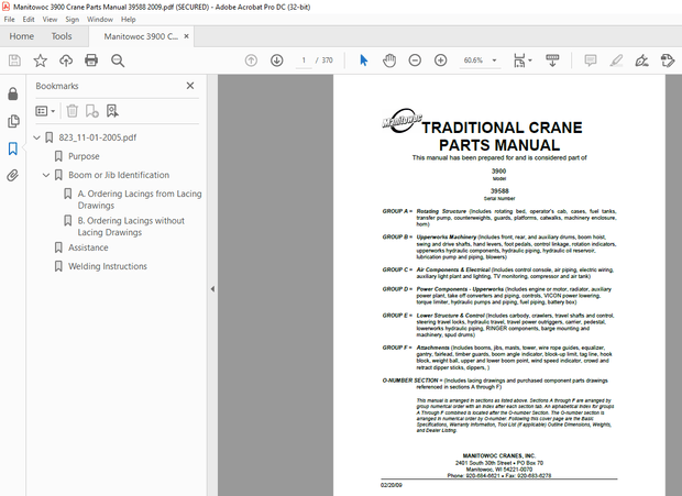 Manitowoc Traditional Crane 3900 Parts Manual SN 39588 – PDF DOWNLOAD