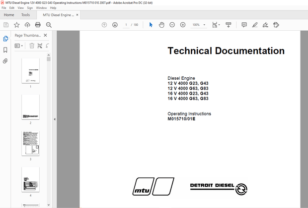 MTU Diesel Engine 12 V 4000 G63 G83 16 V 4000 G63 G83 Operation Instructions Manual PDF - DOWNLOAD