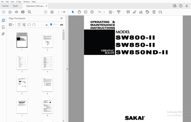 Sakai SW800-II SW850-II SW850ND Operation &amp; Maintenance Manual - PDF