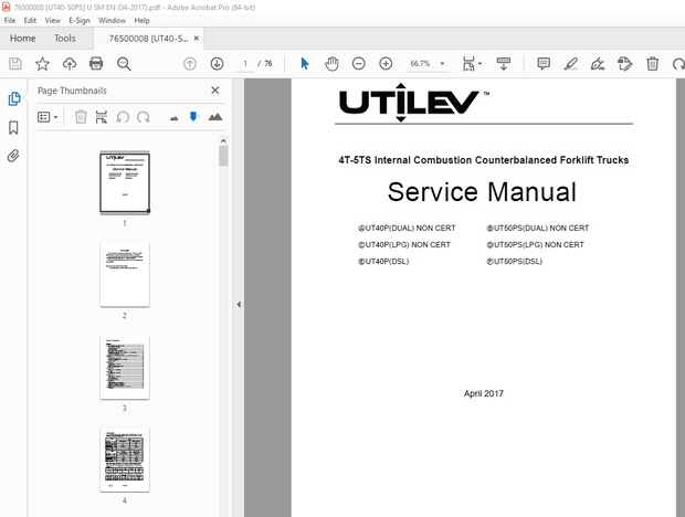 UTILEV 4T-5TS Internal Combustion Counterbalanced Forklift Trucks Service Manual - PDF