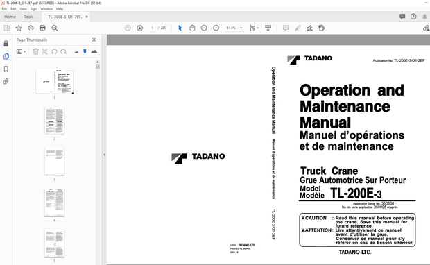 Tadano Truck Crane TL-200E-3 Operation and Maintenance Manual PDF