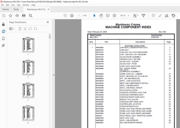 Manitowoc Crane MLC100-1 Parts Manual SN 91001035 – PDF DOWNLOAD