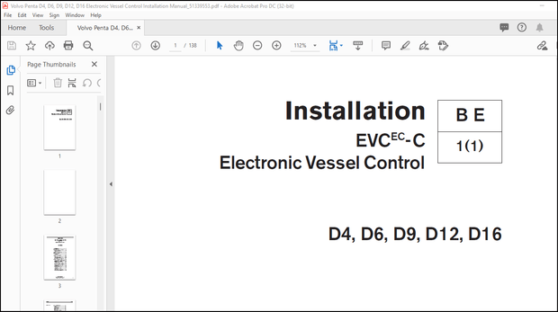 Volvo Penta D4, D6, D9, D12, D16 Electronic Vessel Control EVCEC-C Installation Manual_51339553 PDF