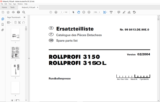 Pottinger Tractor ROLLPROFI 3150 ROLLPROFI 3150 L Spare Parts Manual – PDF DOWNLOAD