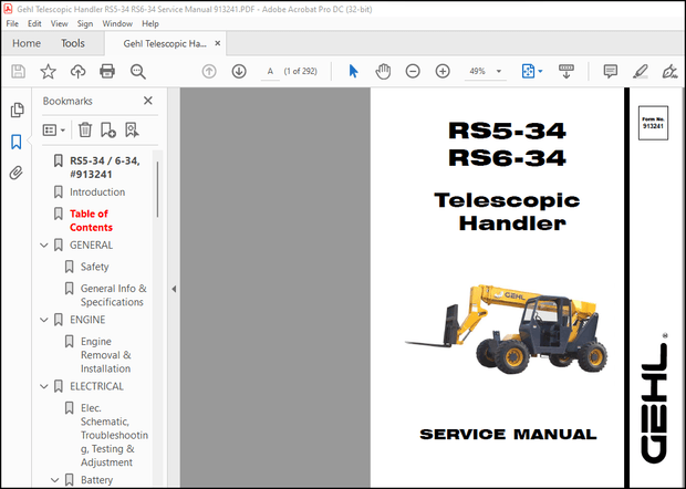 Gehl RS5-34 RS6-34 Telescopic Handler SERVICE MANUAL(913241) – PDF DOWNLOAD