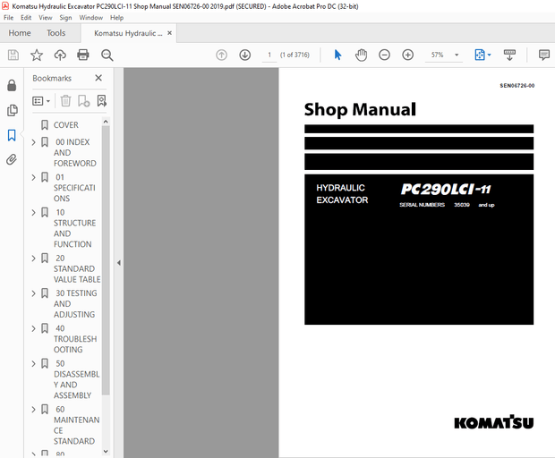 Komatsu PC290LCI-11 Hydraulic Excavator Shop Manual SEN06726-00 – PDF DOWNLOAD