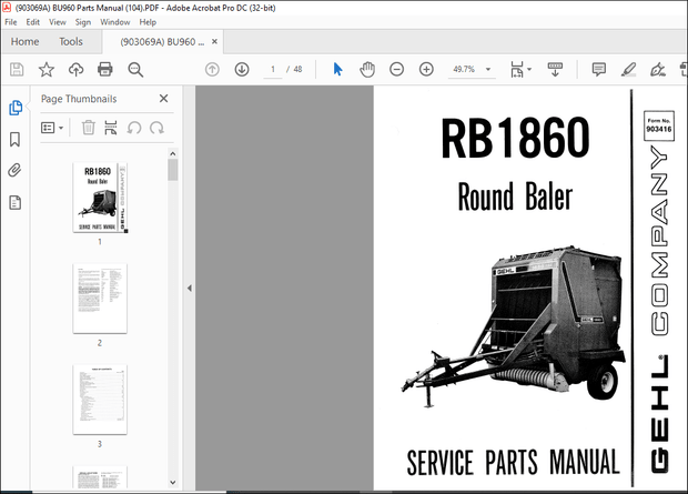 Gehl RB 1860 Round Baler Service Parts Manual(903416) – PDF DOWNLOAD