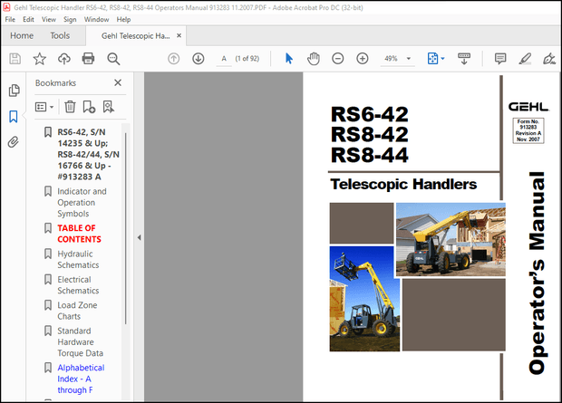 Gehl RS6-42 RS8-42 RS8-44 Telescopic Handler Operator’s Manual 913283 – PDF DOWNLOAD